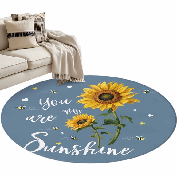 Round Area Rug 3ft You Are My Sunshine Floor Carpets Indoor Floor Area Mat Stain-Proof Mat Circle Rugs for Living Room Dining Room Kitchen Bedroom, Bee Heart Floral Haze Blue Sofa Throw Carpet