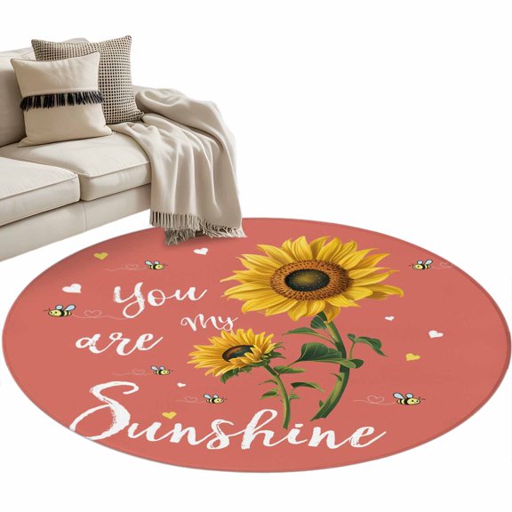 Round Area Rug 3ft You Are My Sunshine Floor Carpets Indoor Floor Area Mat Stain-Proof Mat Circle Rugs for Living Room Dining Room Kitchen Bedroom, Bee Heart Floral Pink Sofa Throw Carpet