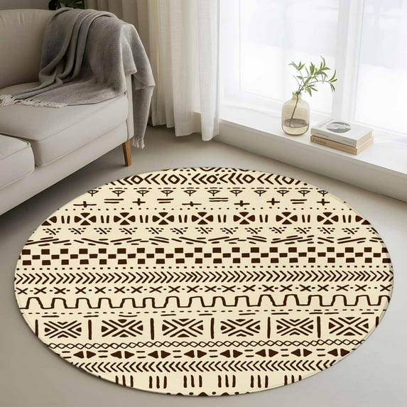 Round Area Rug 4 Ft, Abstract Boho Washable Non-Slip Circle Carpet for Living Room/Bedroom, Modern African Ethnic Geometric Beige Low-Profile Crawling Mats Collection Rugs for Indoor