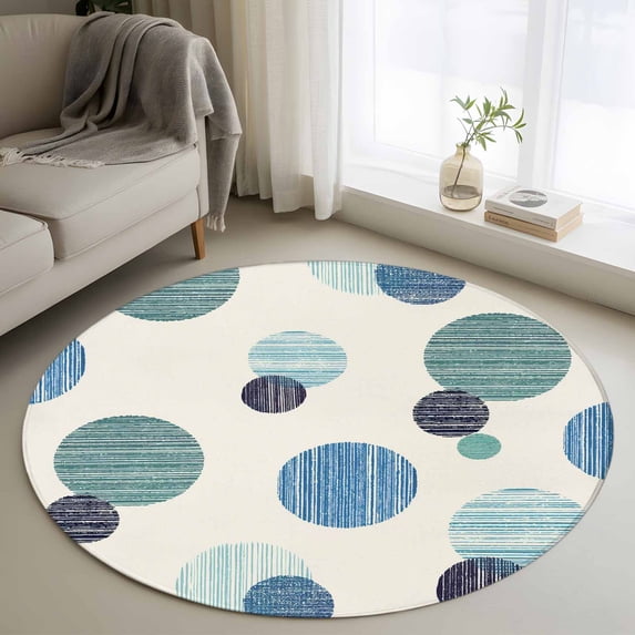Round Area Rug 4 Ft, Abstract Geometric Washable Non-Slip Circle Carpet for Living Room/Bedroom, Farmhouse Vintage Polka Dot Teal Blue Low-Profile Crawling Mats Collection Rugs for Indoor