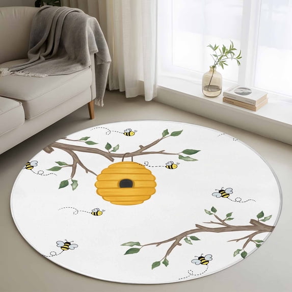 Round Area Rug 4 Ft, Bees Branches Washable Non-Slip Circle Carpet for Living Room/Bedroom, Farmhouse Spring Botanical Watercolor Low-Profile Crawling Mats Collection Rugs for Indoor