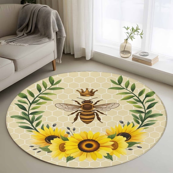 Round Area Rug 4 Ft, Bees Washable Non-Slip Circle Carpet for Living Room/Bedroom, Sunflowers Summer Watercolor Floral Leaf Palnt Honey Low-Profile Crawling Mats Collection Rugs for Indoor