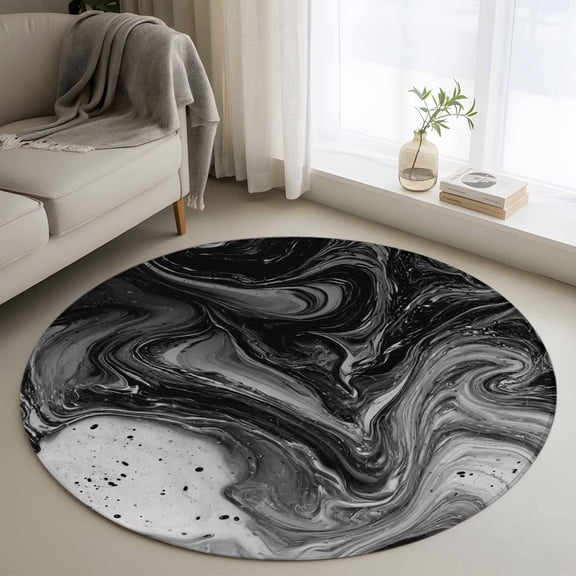 Round Area Rug 4 Ft, Black Marble Washable Non-Slip Circle Carpet for Living Room/Bedroom, Vintage Abstract Grey Fluid Aesthetic Low-Profile Crawling Mats Collection Rugs for Indoor