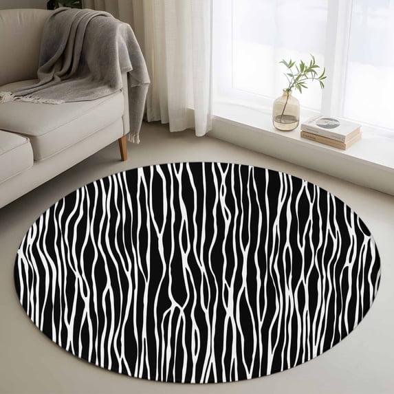Round Area Rug 4 Ft, Black Striped Washable Non-Slip Circle Carpet for Living Room/Bedroom, Retro Wave Lines Texture Simple Low-Profile Crawling Mats Collection Rugs for Indoor