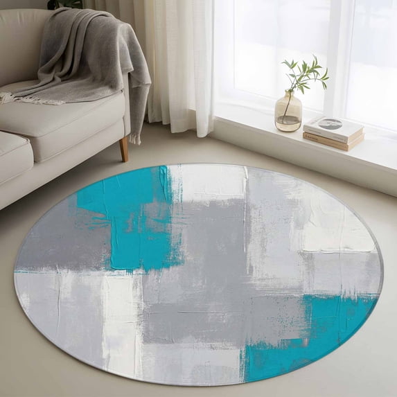 Round Area Rug 4 Ft, Blue Abstract Washable Non-Slip Circle Carpet for Living Room/Bedroom, Grey Geometric Oil Painting Vintage Gradient Low-Profile Crawling Mats Collection Rugs for Indoor