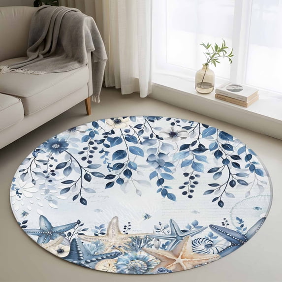 Round Area Rug 4 Ft, Blue Coastal Starfish Washable Non-Slip Circle Carpet for Living Room/Bedroom, Beach Nautical Shell Eucalyptus Ocean Low-Profile Crawling Mats Collection Rugs for Indoor