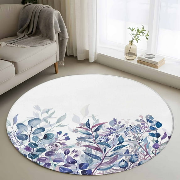 Round Area Rug 4 Ft, Blue Purple Leaves Washable Non-Slip Circle Carpet for Living Room/Bedroom, Summer Botanical Eucalyptus Leaves Low-Profile Crawling Mats Collection Rugs for Indoor