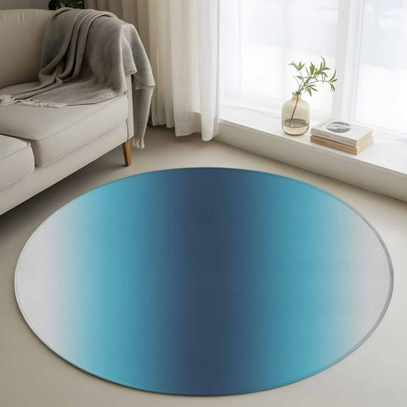Round Area Rug 4 Ft, Blue Teal Grey Ombre Washable Non-Slip Circle Carpet for Living Room/Bedroom, Farmhouse Gradient Minimalist Low-Profile Crawling Mats Collection Rugs for Indoor