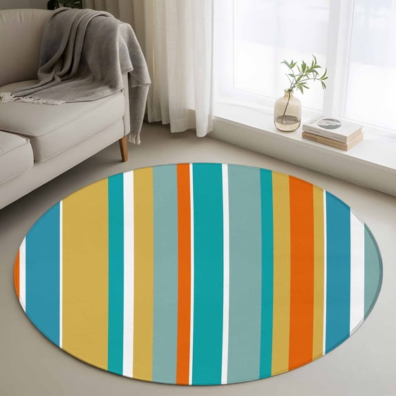 Round Area Rug 4 Ft, Blue Teal Orange Striped Washable Non-Slip Circle Carpet for Living Room/Bedroom, Farmhouse Stripe Low-Profile Crawling Mats Collection Rugs for Indoor