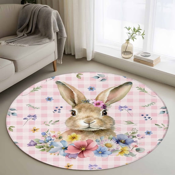 Round Area Rug 4 Ft, Bunny Easter Washable Non-Slip Circle Carpet for Living Room/Bedroom, Pink Plaid Spring Floral Pastoral Low-Profile Crawling Mats Collection Rugs for Indoor