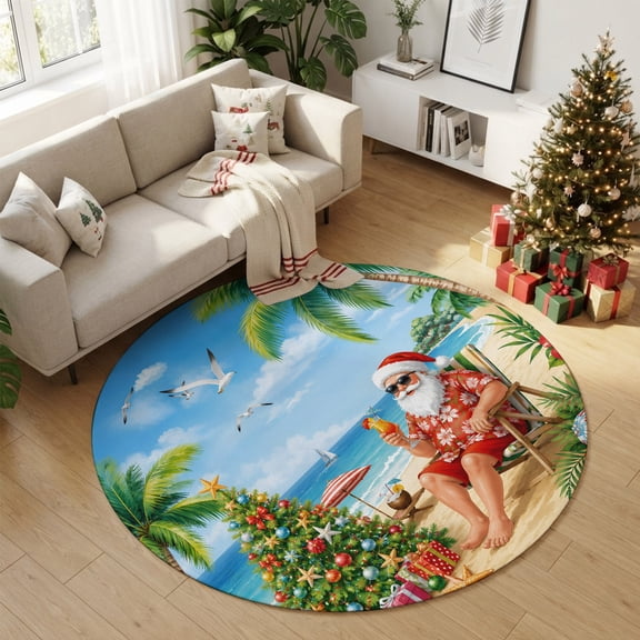 Round Area Rug 4 Ft, Christmas Santa Claus Washable Non-Slip Circle Carpet for Living Room/Bedroom, Coastal Xmas Tree Ocean Tropical Plants Low-Profile Crawling Mats Collection Rugs for Indoor
