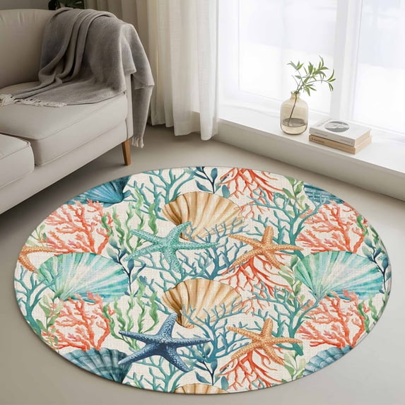 Round Area Rug 4 Ft, Coastal Beach Washable Non-Slip Circle Carpet for Living Room/Bedroom, Nautical Summer Coral Starfish Shell Low-Profile Crawling Mats Collection Rugs for Indoor