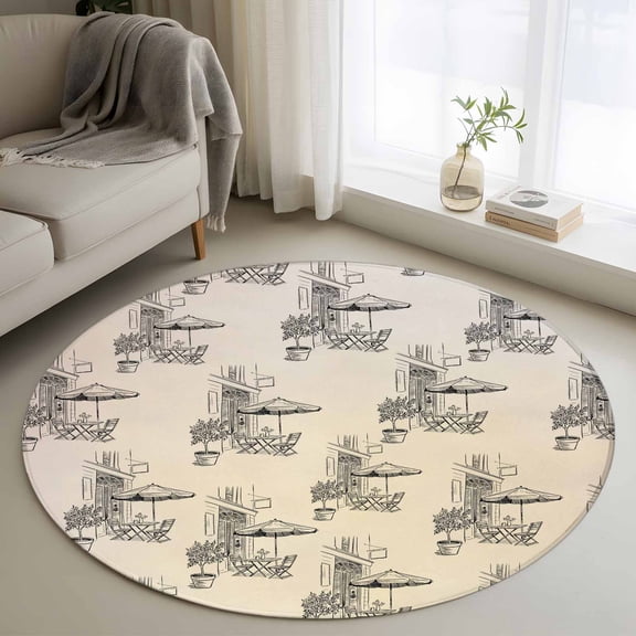 Round Area Rug 4 Ft, Coffee Kiosk Washable Non-Slip Circle Carpet for Living Room/Bedroom, Retro Leisure Coffee Time Farmhouse Beige Low-Profile Crawling Mats Collection Rugs for Indoor