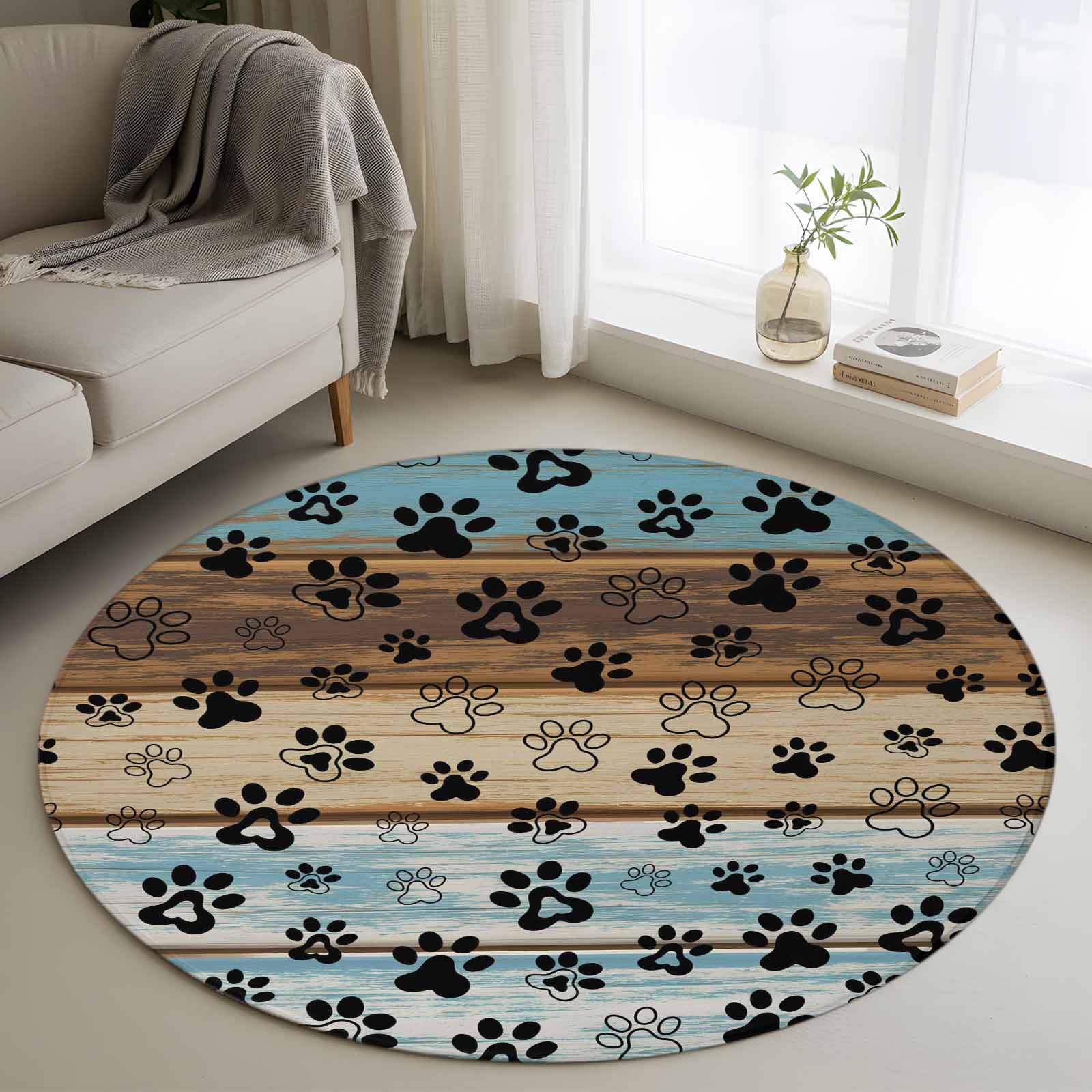 Round Area Rug 4 Ft, Cute Dog Claws Washable Non-Slip Circle Carpet for Living Room/Bedroom, Farmhouse Blue Wooden Puppy Pawprints Low-Profile Crawling Mats Collection Rugs for Indoor
