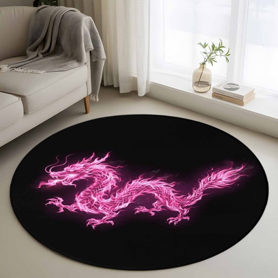 Round Area Rug 4 Ft, Dragon Flames Washable Non-Slip Circle Carpet for Living Room/Bedroom, Purple Dragons Abstract Modern Art Low-Profile Crawling Mats Collection Rugs for Indoor