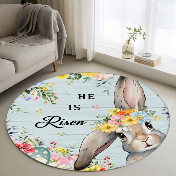 Round Area Rug 4 Ft, Easter Washable Non-Slip Circle Carpet for Living Room/Bedroom, Spring Farmhouse Bunny Flower Teal Wood Grain Low-Profile Crawling Mats Collection Rugs for Indoor