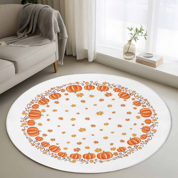 Round Area Rug 4 Ft, Fall Washable Non-Slip Circle Carpet for Living Room/Bedroom, Thanksgiving Watercolor Pumpkin Orange Maple Leaf Low-Profile Crawling Mats Collection Rugs for Indoor