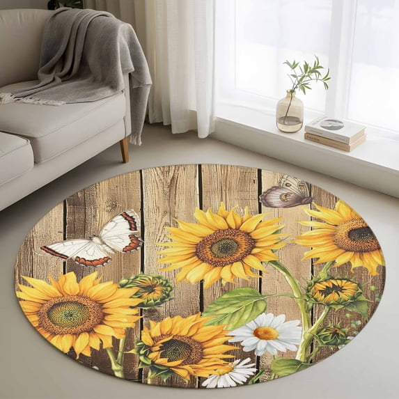 Round Area Rug 4 Ft, Farmhouse Sunflowers Washable Non-Slip Circle Carpet for Living Room/Bedroom, Rustic Floral Buttterfly Wood Board Brown Low-Profile Crawling Mats Collection Rugs for Indoor