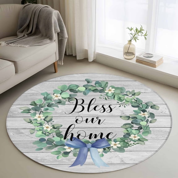 Round Area Rug 4 Ft, Farmhouse Wooden Grain Washable Non-Slip Circle Carpet for Living Room/Bedroom, Eucalyptus Leaves Watercolor Bow Low-Profile Crawling Mats Collection Rugs for Indoor
