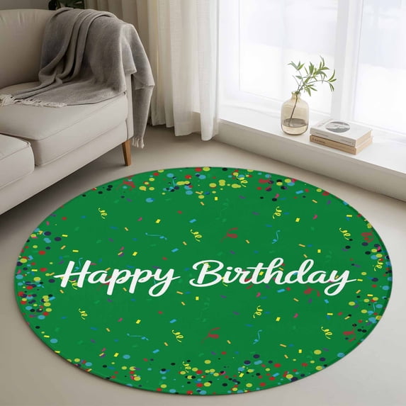 Round Area Rug 4 Ft, Grass Green Birthday Washable Non-Slip Circle Carpet for Living Room/Bedroom, Colorful Confetti Ribbons Polka Dots Classroom Low-Profile Crawling Mats Collection Rugs for Indoor