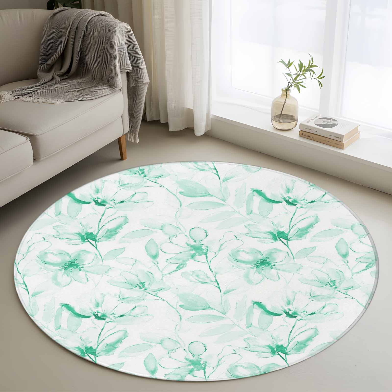 Round Area Rug 4 Ft, Green Flower Washable Non-Slip Circle Carpet for ...