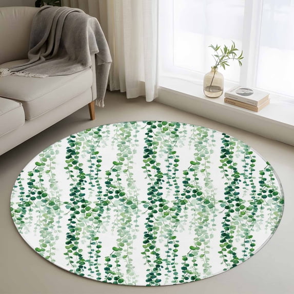 Round Area Rug 4 Ft, Green Weeping Eucalyptus Washable Non-Slip Circle Carpet for Living Room/Bedroom, Spring Summer Country Leaves Low-Profile Crawling Mats Collection Rugs for Indoor
