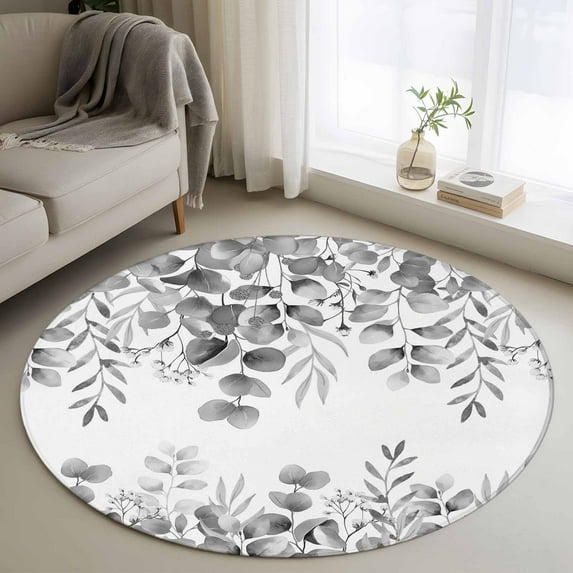 Round Area Rug 4 Ft, Grey Eucalyptus Leaves Washable Non-Slip Circle Carpet for Living Room/Bedroom, Spring Summer Botanical Low-Profile Crawling Mats Collection Rugs for Indoor