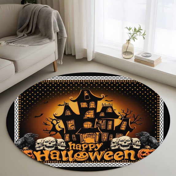Round Area Rug 4 Ft, Happy Halloween Washable Non-Slip Circle Carpet for Living Room/Bedroom, Orange Scary Black Castle Skull Birds Low-Profile Crawling Mats Collection Rugs for Indoor