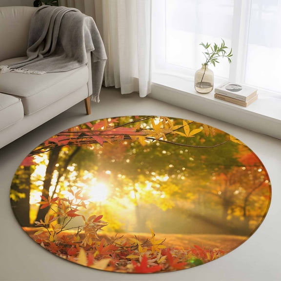 Round Area Rug 4 Ft, Orange Autumn Leaves Washable Non-Slip Circle Carpet for Living Room/Bedroom, Fall Trees Forest Country Rustic Low-Profile Crawling Mats Collection Rugs for Indoor