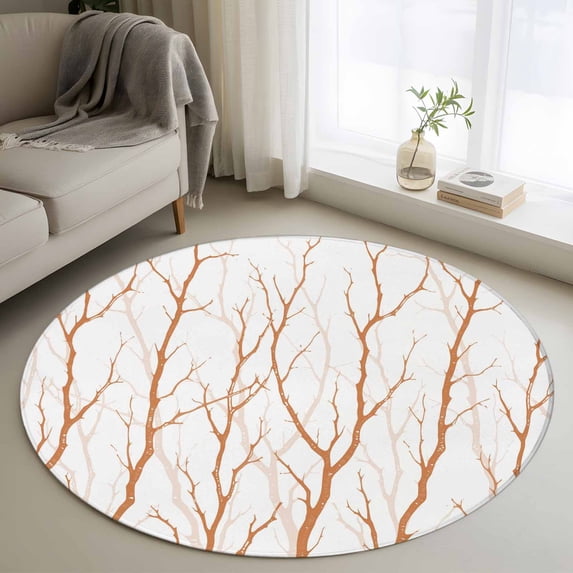 Round Area Rug 4 Ft, Orange Branches Washable Non-Slip Circle Carpet for Living Room/Bedroom, Modern Abstract Art Forest Silhouettes Low-Profile Crawling Mats Collection Rugs for Indoor
