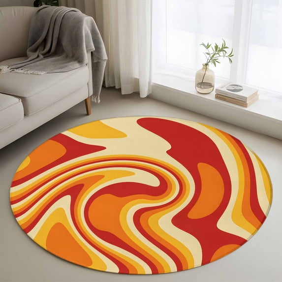 Round Area Rug 4 Ft, Orange Yellow Washable Non-Slip Circle Carpet for Living Room/Bedroom, Modern Ombre Abstract Aesthetic Art Low-Profile Crawling Mats Collection Rugs for Indoor