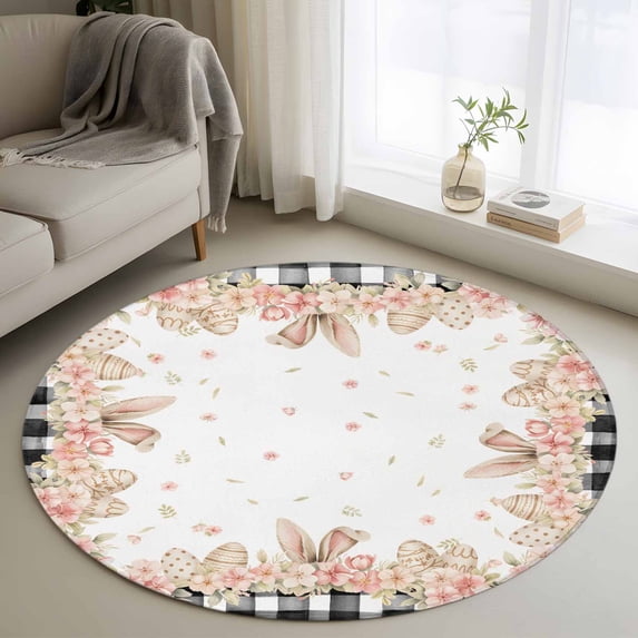 Round Area Rug 4 Ft, Pink Easter Washable Non-Slip Circle Carpet for Living Room/Bedroom, Spring Floral Farmhouse Eggs Black Plaid Low-Profile Crawling Mats Collection Rugs for Indoor
