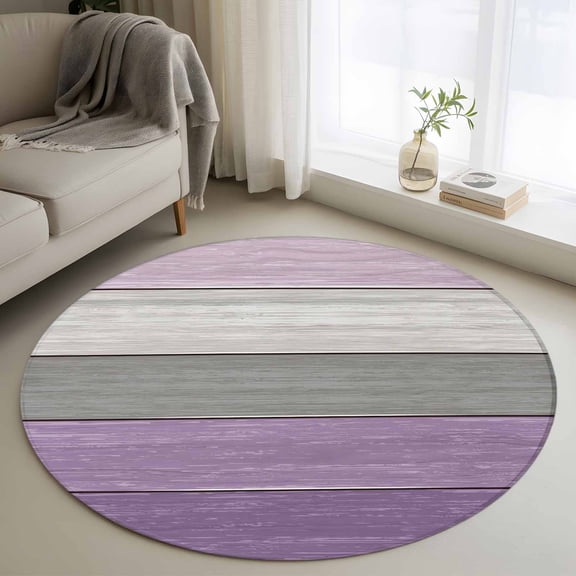 Round Area Rug 4 Ft, Purple Grey Wood Grain Washable Non-Slip Circle Carpet for Living Room/Bedroom, Ombre Rustic Retro Wooden Plank Low-Profile Crawling Mats Collection Rugs for Indoor
