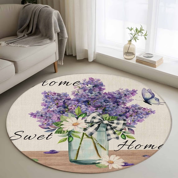 Round Area Rug 4 Ft, Purple Lavender Washable Non-Slip Circle Carpet for Living Room/Bedroom, Spring Floral Daisy Butterfly Leaves Beige Low-Profile Crawling Mats Collection Rugs for Indoor