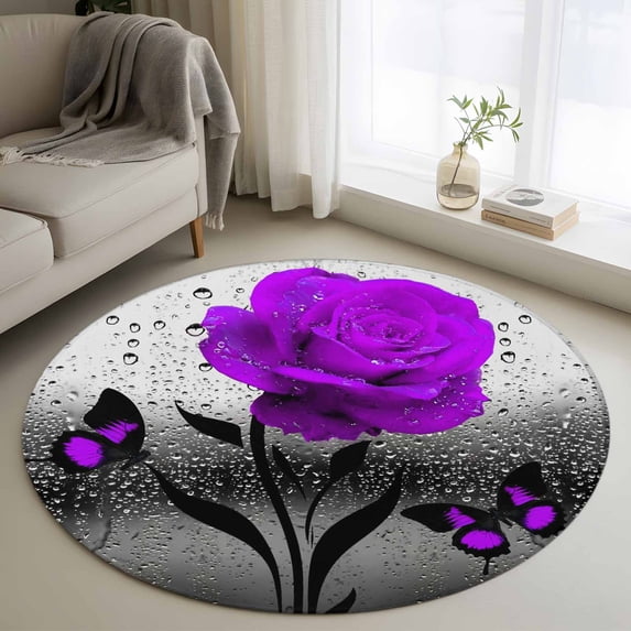 Round Area Rug 4 Ft, Purple Rose Washable Non-Slip Circle Carpet for Living Room/Bedroom, Raindrops Floral Butterfly Abstract Grey Art Low-Profile Crawling Mats Collection Rugs for Indoor