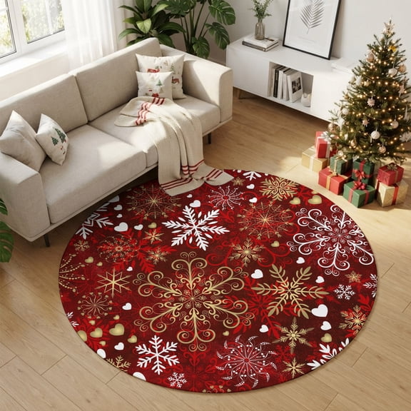 Round Area Rug 4 Ft, Red Christmas Washable Non-Slip Circle Carpet for Living Room/Bedroom, Snowflake Winter Xmas Love Hearts Golden Low-Profile Crawling Mats Collection Rugs for Indoor