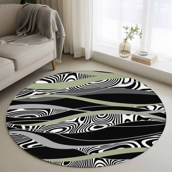 Round Area Rug 4 Ft, Sage Green Black Stripes Washable Non-Slip Circle Carpet for Living Room/Bedroom, Grey Abstract Gradient Striped Low-Profile Crawling Mats Collection Rugs for Indoor
