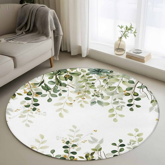 Round Area Rug 4 Ft, Sage Green Eucalyptus Leaves Washable Non-Slip Circle Carpet for Living Room/Bedroom, Spring Botanical Floral Low-Profile Crawling Mats Collection Rugs for Indoor