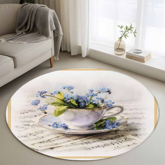 Round Area Rug 4 Ft, Spring Blue Flowers Washable Non-Slip Circle Carpet for Living Room/Bedroom, Retro Tea Cup Phrases Country Low-Profile Crawling Mats Collection Rugs for Indoor
