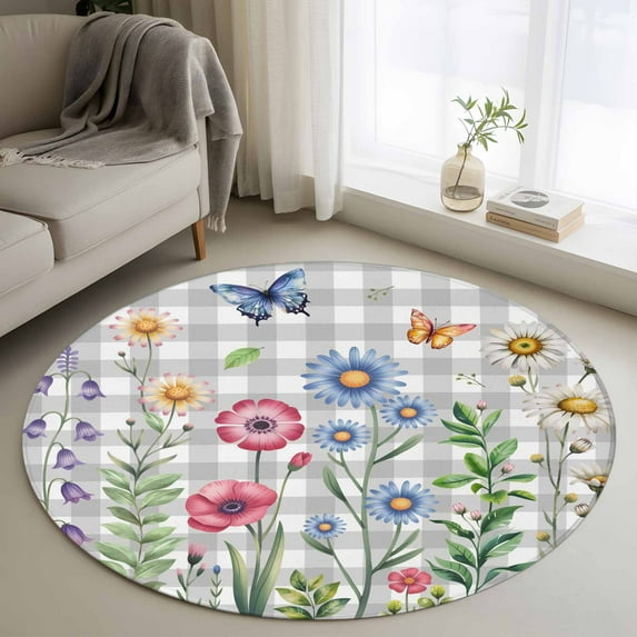 Round Area Rug 4 Ft, Spring Floral Washable Non-Slip Circle Carpet for Living Room/Bedroom, Grey Plaid Pink Blue Flowers Butterfly Low-Profile Crawling Mats Collection Rugs for Indoor