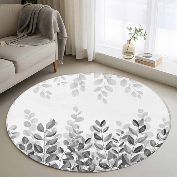 Round Area Rug 4 Ft, Spring Gray Eucalyptus Washable Non-Slip Circle Carpet for Living Room/Bedroom, Summer Botanical Leaf Country Low-Profile Crawling Mats Collection Rugs for Indoor