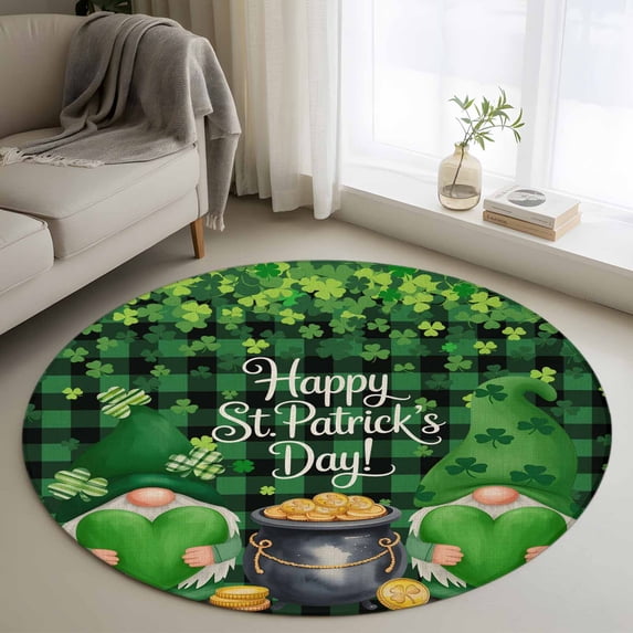 Round Area Rug 4 Ft, St. Patrick's Day Washable Non-Slip Circle Carpet for Living Room/Bedroom, Spring Lucky Shamrocks Green Gnomes Plaid Low-Profile Crawling Mats Collection Rugs for Indoor
