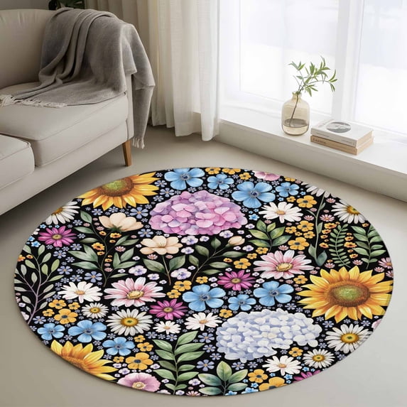 Round Area Rug 4 Ft, Sunflower Washable Non-Slip Circle Carpet for Living Room/Bedroom, Colorful Flowers Summer Botanical Low-Profile Crawling Mats Collection Rugs for Indoor