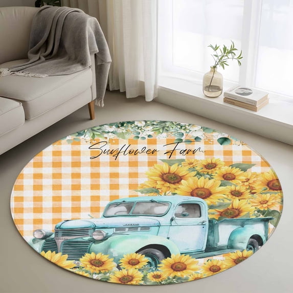 Round Area Rug 4 Ft, Sunflowers Trucks Washable Non-Slip Circle Carpet for Living Room/Bedroom, Spring Farmhouse Eucalyptus Orange Plaid Low-Profile Crawling Mats Collection Rugs for Indoor