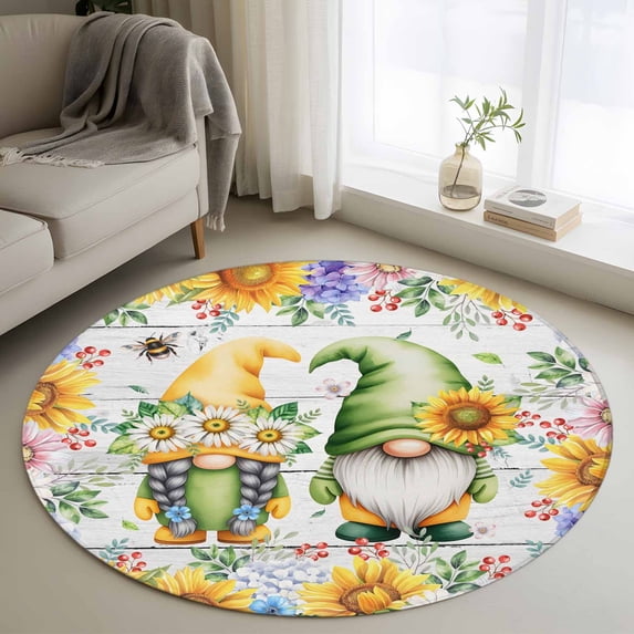 Round Area Rug 4 Ft, Sunflowers Washable Non-Slip Circle Carpet for Living Room/Bedroom, Spring Flowers Gnomes Hydrangea Daisy Wood Low-Profile Crawling Mats Collection Rugs for Indoor