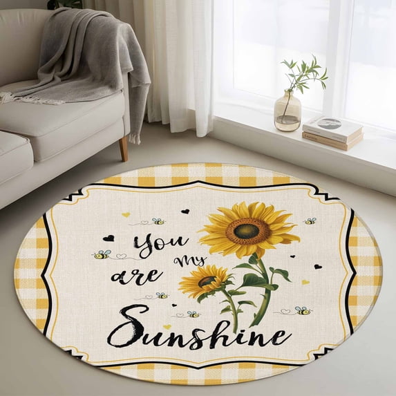 Round Area Rug 4 Ft, Sunflowers Washable Non-Slip Circle Carpet for Living Room/Bedroom, Yellow Floral Botanical Checkered Rustic Low-Profile Crawling Mats Collection Rugs for Indoor