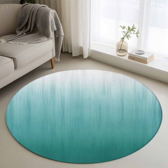Round Area Rug 4 Ft, Teal Green Ombre Washable Non-Slip Circle Carpet for Living Room/Bedroom, Contemporary Gradient Abstract Art Low-Profile Crawling Mats Collection Rugs for Indoor