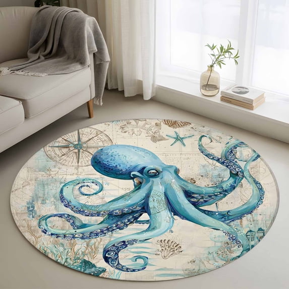 Round Area Rug 4 Ft, Teal Octopus Coastal Washable Non-Slip Circle Carpet for Living Room/Bedroom, Vintage Summer Beach Nautical Low-Profile Crawling Mats Collection Rugs for Indoor