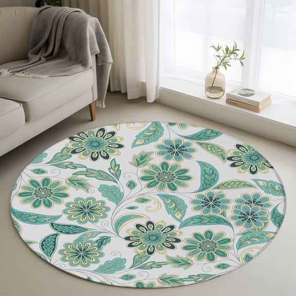 Round Area Rug 4 Ft, Teal Paisley Floral Washable Non-Slip Circle Carpet for Living Room/Bedroom, Boho Traditional Vintage Ethnic Low-Profile Crawling Mats Collection Rugs for Indoor