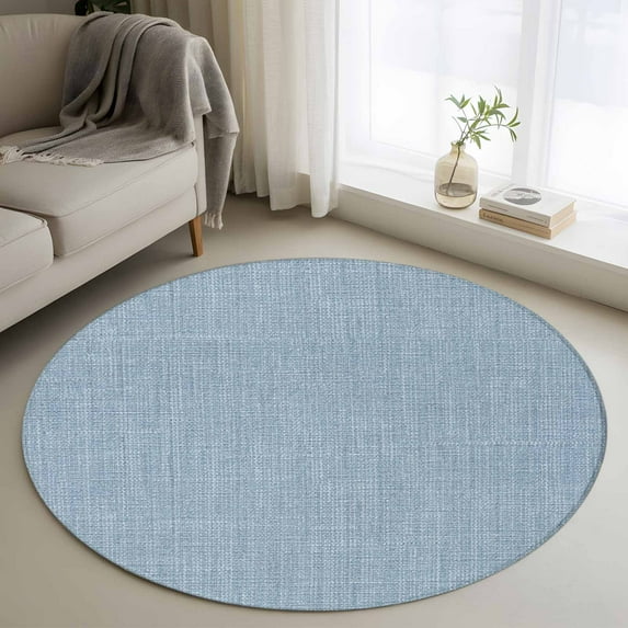 Round Area Rug 4 Ft, Vintage Sky Blue Washable Non-Slip Circle Carpet for Living Room/Bedroom, Farmhouse Retro Solid Color Linen Texture Low-Profile Crawling Mats Collection Rugs for Indoor